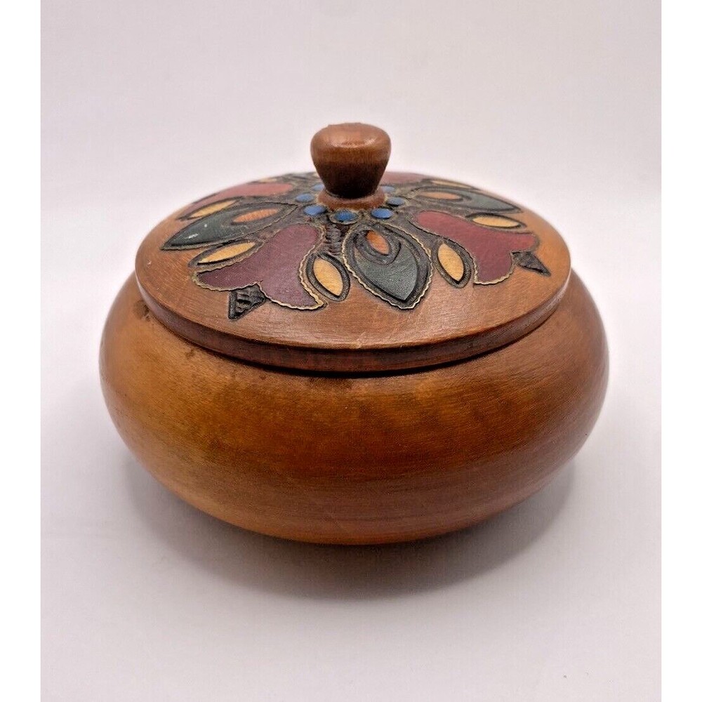 Round Hand Carved Wooden Painted Trinket Box Used - Picture 3 of 8